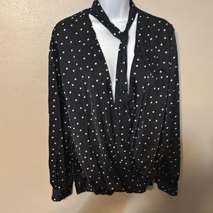 Women Fred David Black Polka Dot Blouse with Tie Neck size L